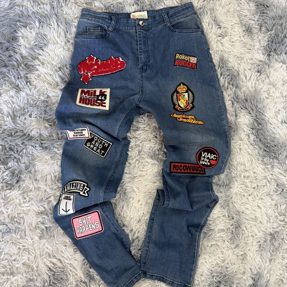 LAtise By Amy Denim Jeans Streetwear Funky Red Black Patches Women's Size Med